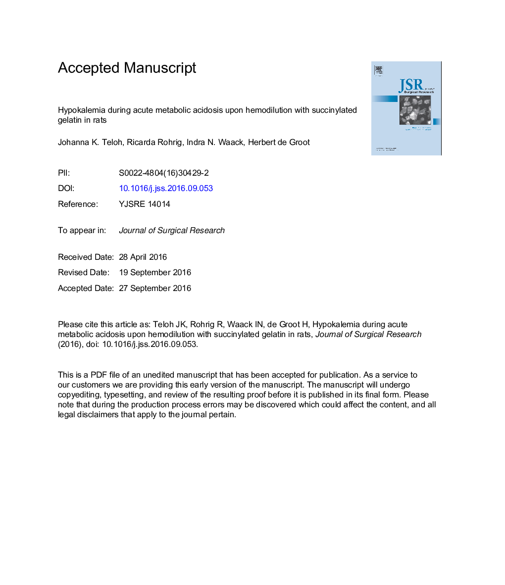هیپوکلامی در طول اسیدوز متابولیک حاد در همودیالیز با ژلاتین سوکسیناید در موش صحرایی 