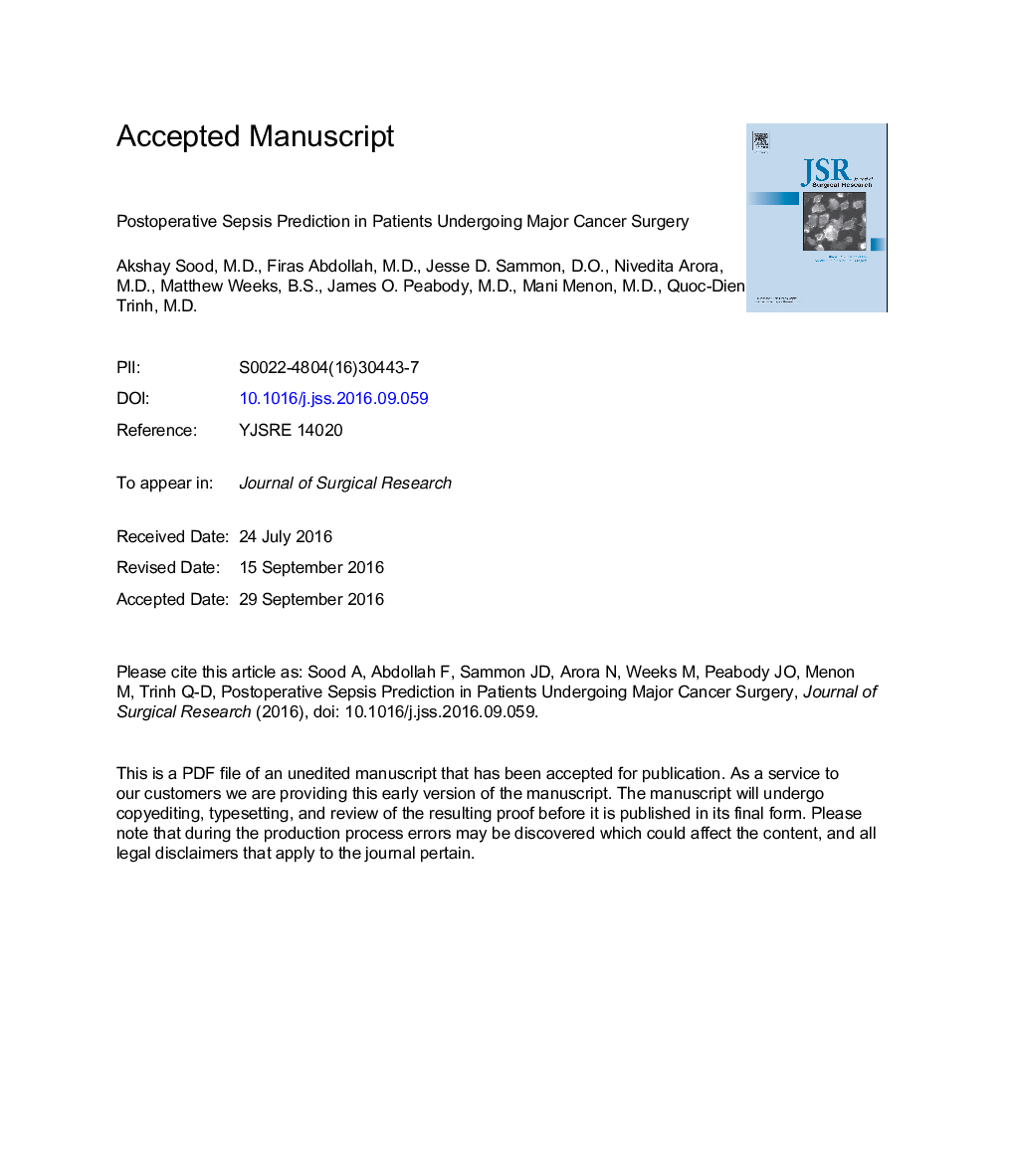 Postoperative sepsis prediction in patients undergoing major cancer surgery