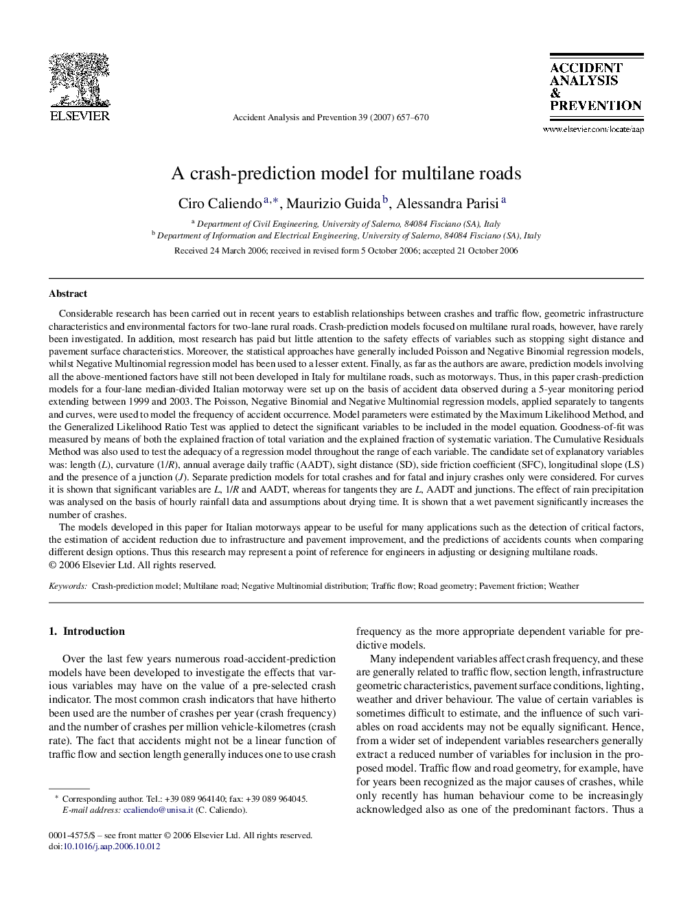 A crash-prediction model for multilane roads