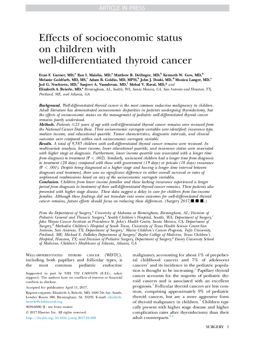Effects of socioeconomic status on children with well-differentiated thyroid cancer