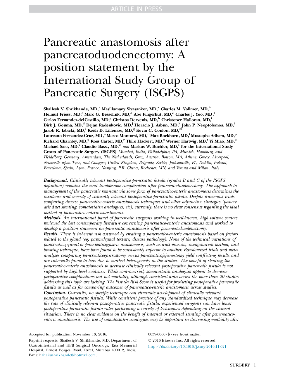 Pancreatic anastomosis after pancreatoduodenectomy: A position statement by the International Study Group of Pancreatic Surgery (ISGPS)