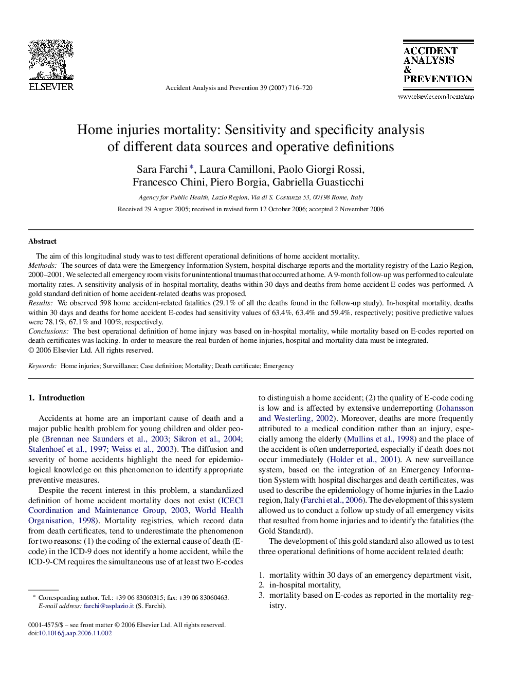 عکس صفحه اول مقاله: Home injuries mortality: Sensitivity and specificity analysis of different data sources and operative definitions Home injuries mortality: Sensitivity and specificity analysis of different data sources and operative definitions