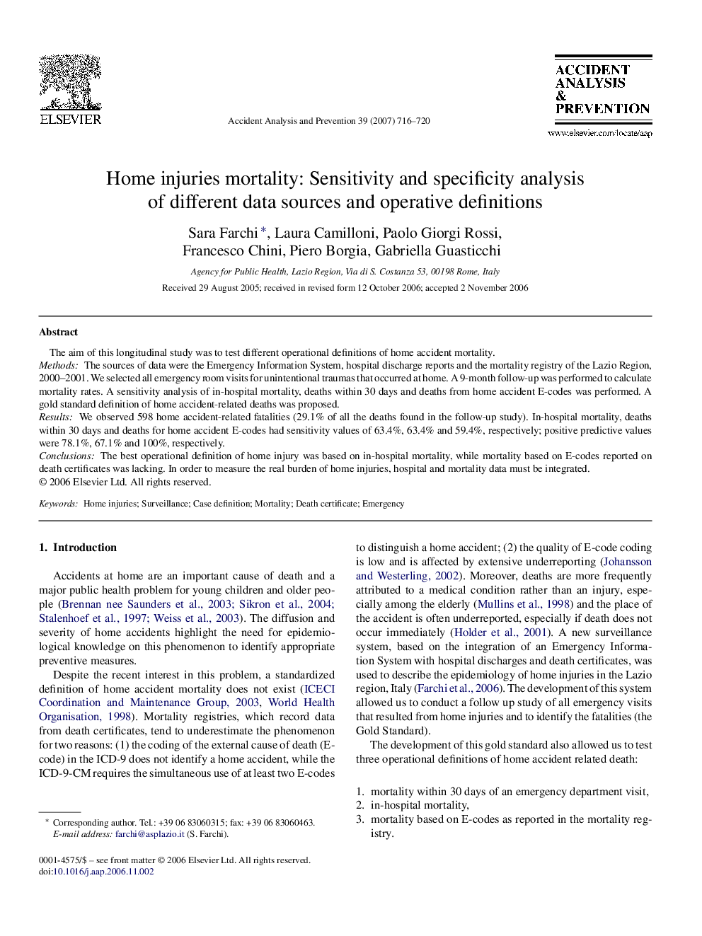 Home injuries mortality: Sensitivity and specificity analysis of different data sources and operative definitions