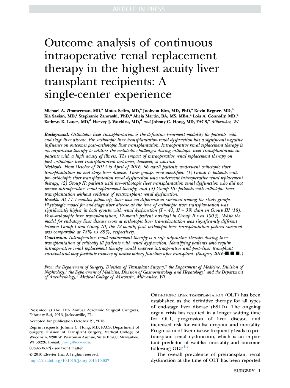 Outcome analysis of continuous intraoperative renal replacement therapy in the highest acuity liver transplant recipients: A single-center experience