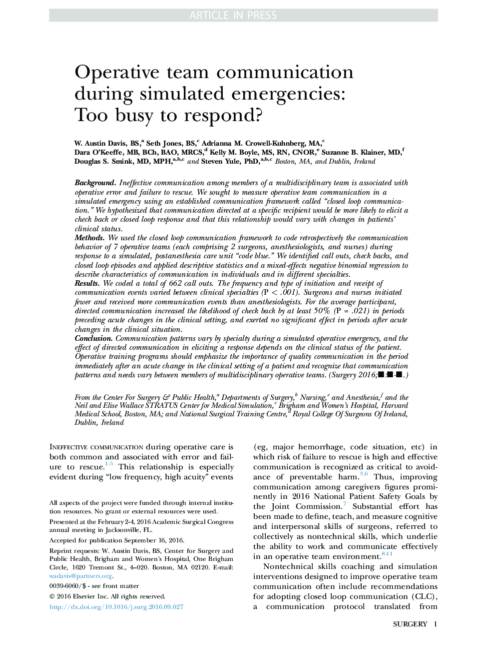 Operative team communication during simulated emergencies: Too busy to respond?