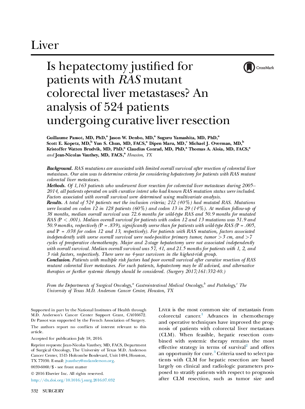 Is hepatectomy justified for patients with RAS mutant colorectal liver metastases? An analysis of 524 patients undergoing curative liver resection