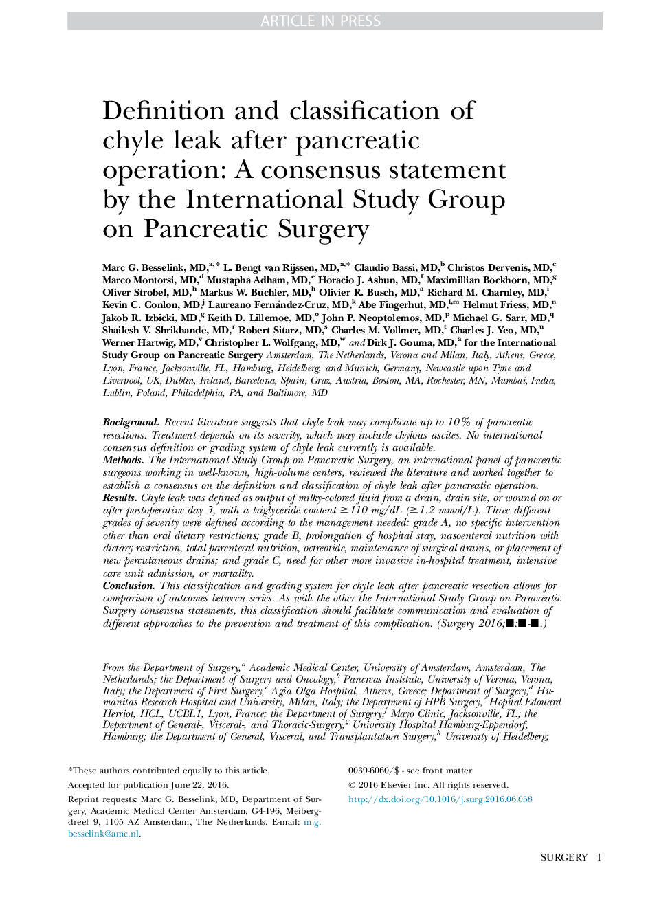 Definition and classification of chyle leak after pancreatic operation: A consensus statement by the International Study Group on Pancreatic Surgery