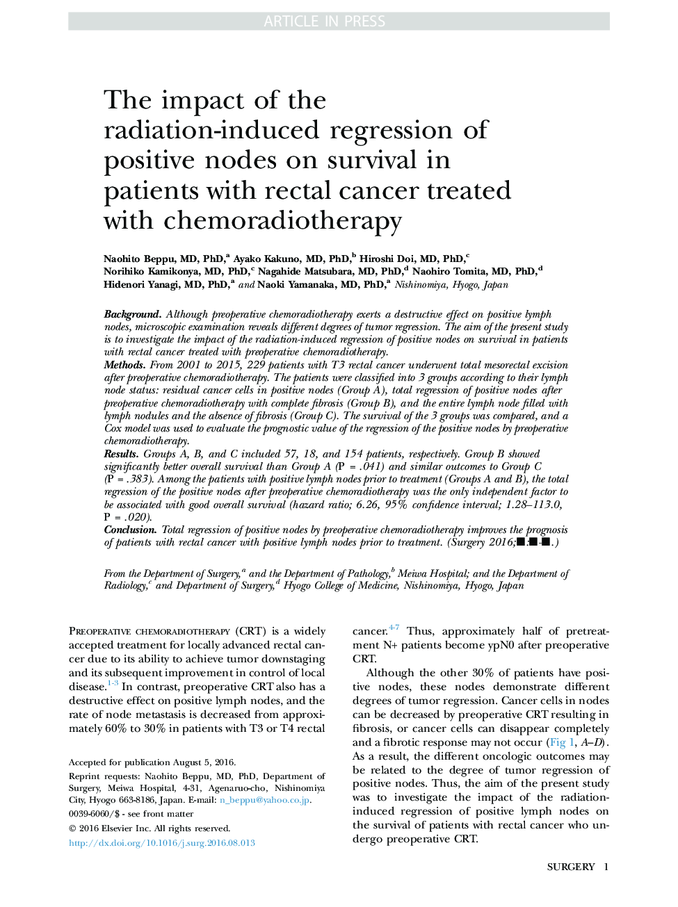 The impact of the radiation-induced regression of positive nodes on survival in patients with rectal cancer treated with chemoradiotherapy