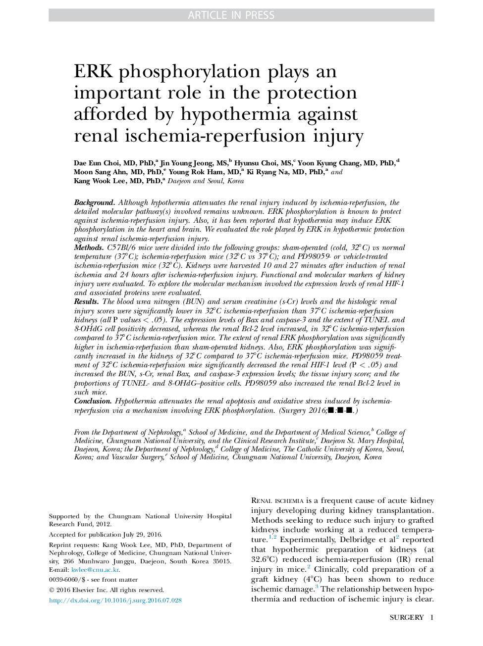 ERK phosphorylation plays an important role in the protection afforded by hypothermia against renal ischemia-reperfusion injury