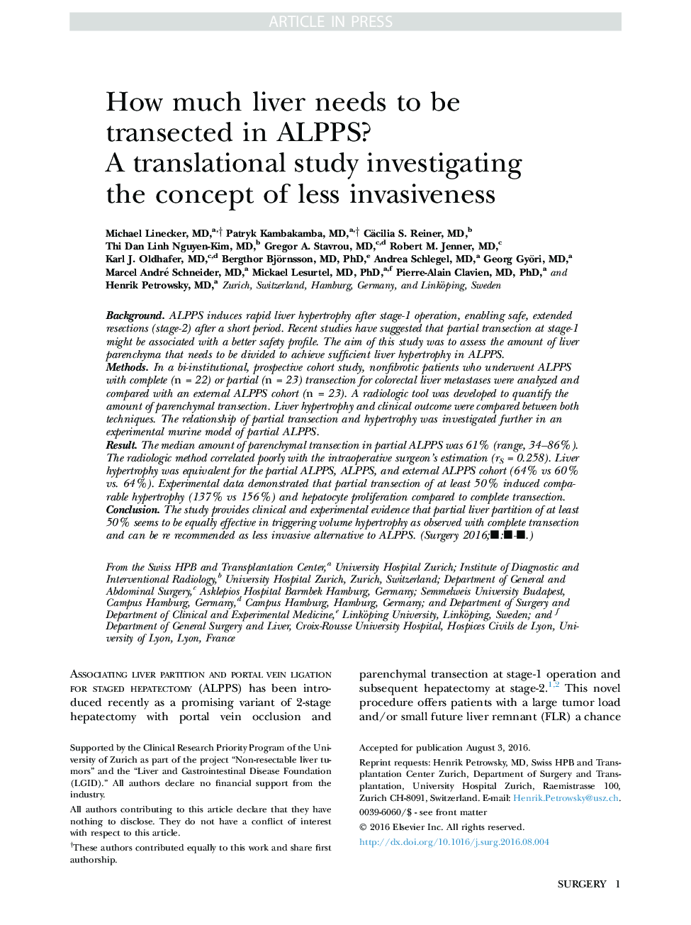 How much liver needs to be transected in ALPPS? A translational study investigating the concept of less invasiveness