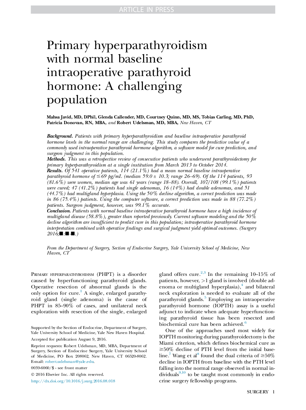 Primary hyperparathyroidism with normal baseline intraoperative parathyroid hormone: A challenging population