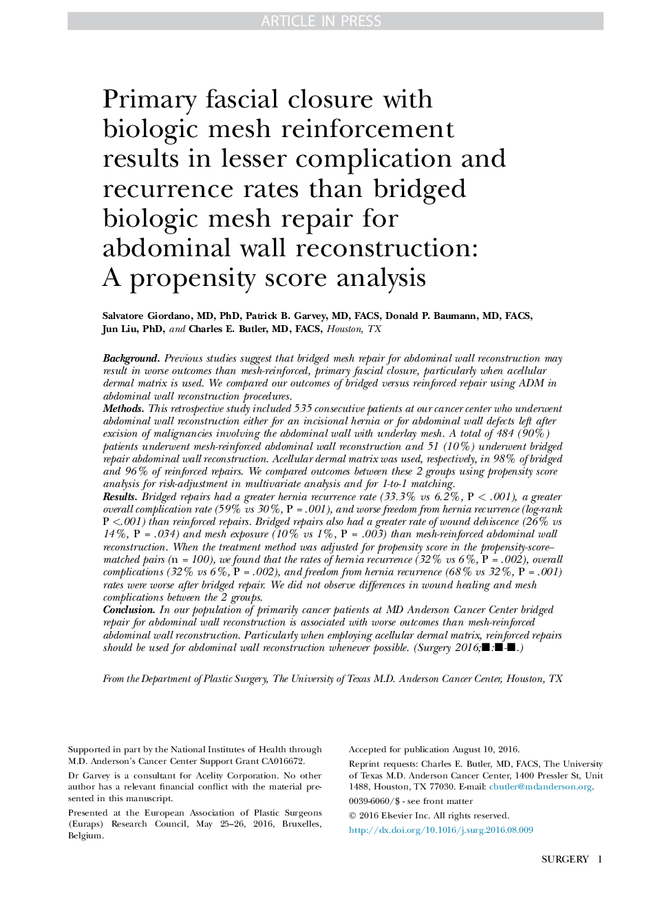 Primary fascial closure with biologic mesh reinforcement results in lesser complication and recurrence rates than bridged biologic mesh repair for abdominal wall reconstruction: A propensity score analysis