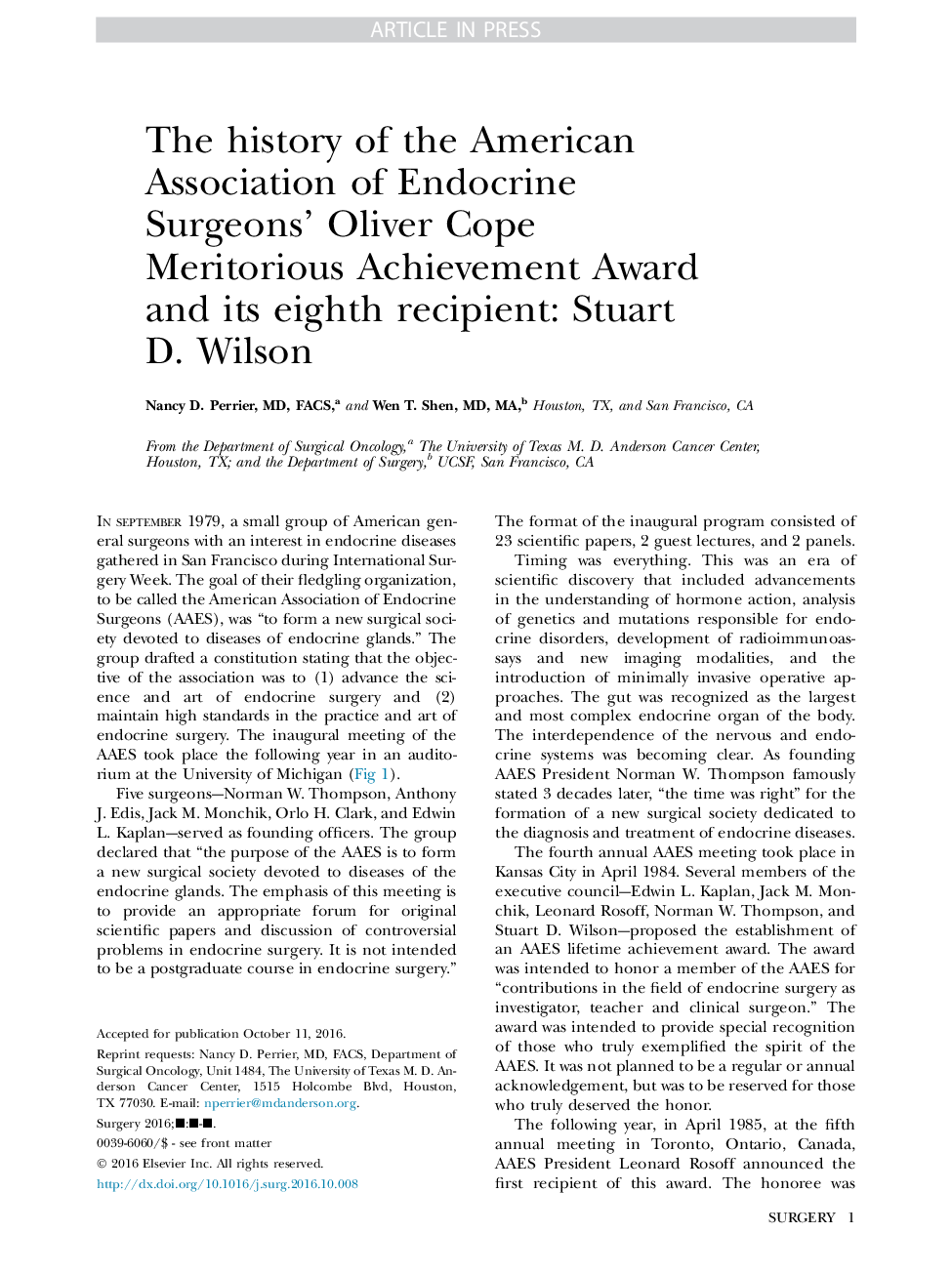 The history of the American Association of Endocrine Surgeons' Oliver Cope Meritorious Achievement Award and its eighth recipient: Stuart D. Wilson