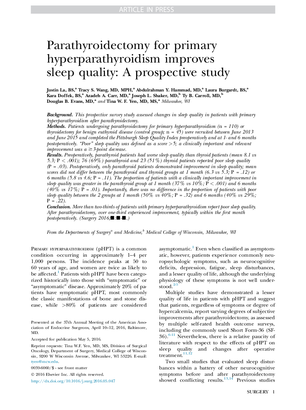 Parathyroidectomy for primary hyperparathyroidism improves sleep quality: A prospective study