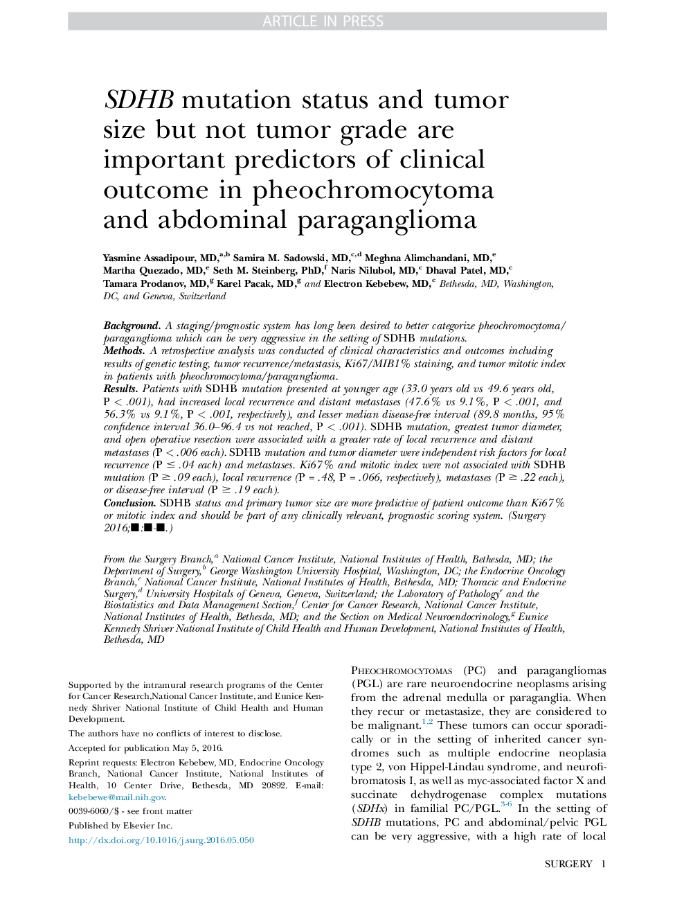 SDHB mutation status and tumor size but not tumor grade are important predictors of clinical outcome in pheochromocytoma and abdominal paraganglioma