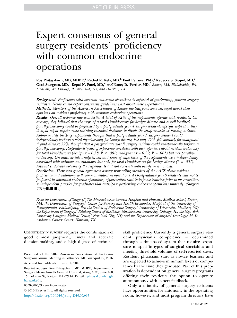 Expert consensus of general surgery residents' proficiency with common endocrine operations