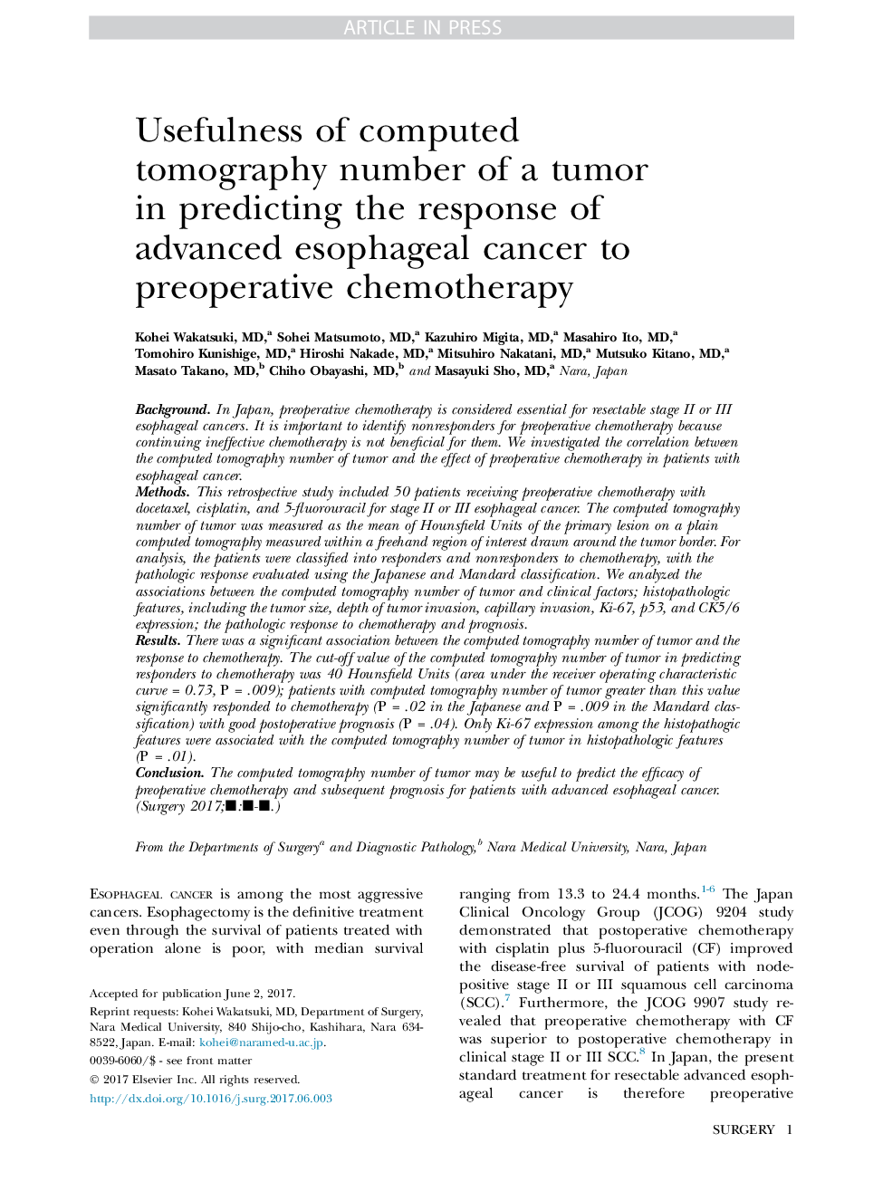 Usefulness of computed tomography density of a tumor in predicting the response of advanced esophageal cancer to preoperative chemotherapy