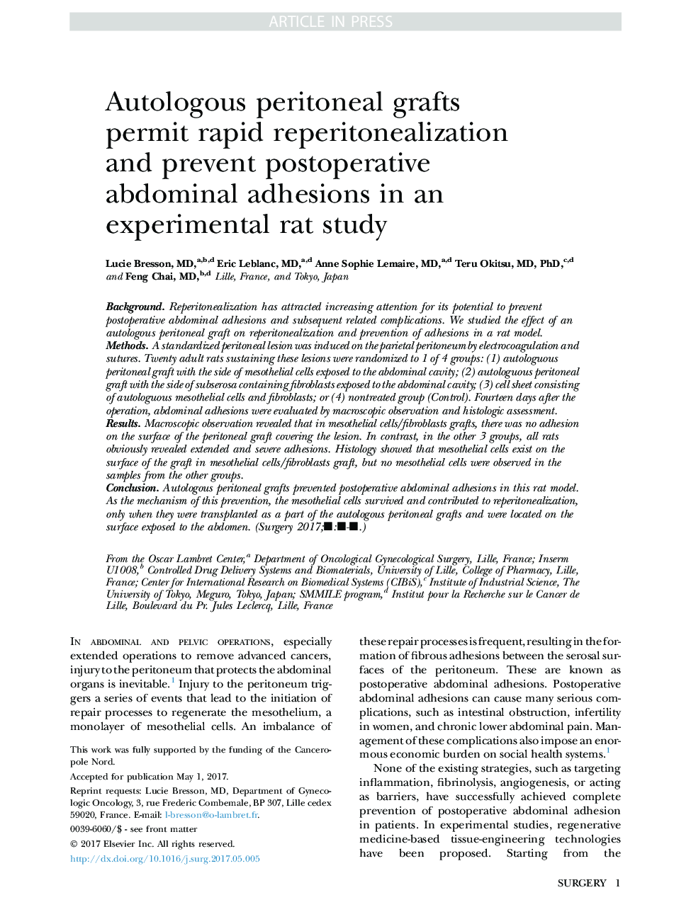 Autologous peritoneal grafts permit rapid reperitonealization and prevent postoperative abdominal adhesions in an experimental rat study