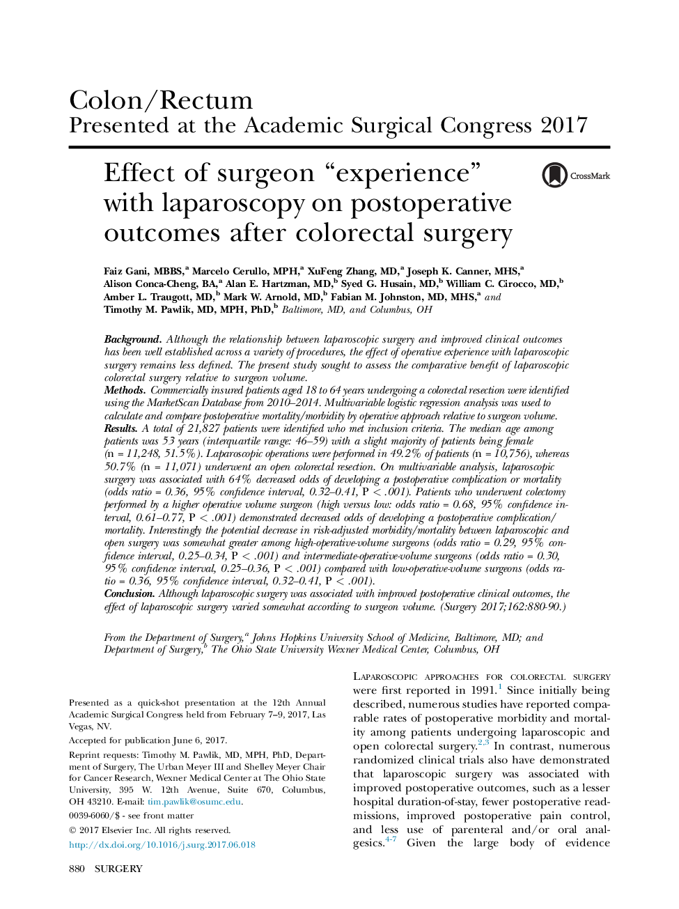 Effect of surgeon “experience” with laparoscopy on postoperative outcomes after colorectal surgery