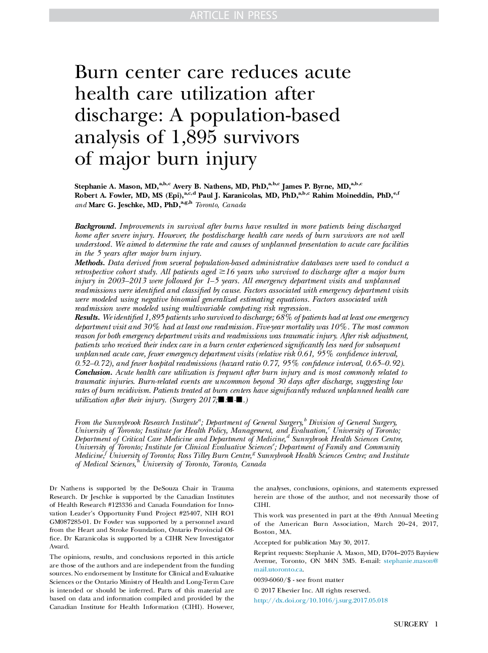 Burn center care reduces acute health care utilization after discharge: A population-based analysis of 1,895 survivors ofÂ major burn injury