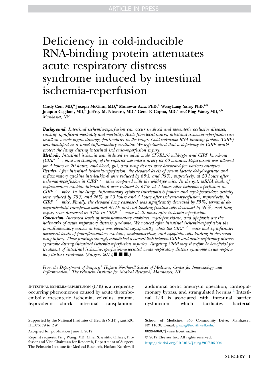 Deficiency in cold-inducible RNA-binding protein attenuates acute respiratory distress syndrome induced by intestinal ischemia-reperfusion