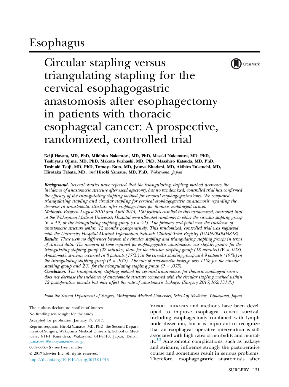 EsophagusCircular stapling versus triangulating stapling for the cervical esophagogastric anastomosis after esophagectomy in patients with thoracic esophageal cancer: A prospective, randomized, controlled trial