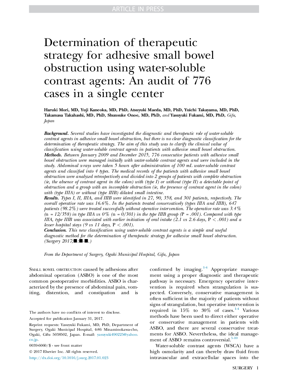 Determination of therapeutic strategy for adhesive small bowel obstruction using water-soluble contrast agents: An audit of 776 cases in a single center