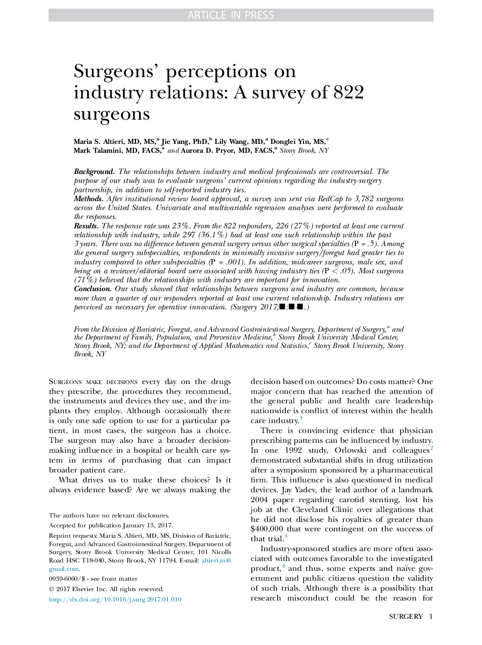 Surgeons' perceptions on industry relations: A survey of 822 surgeons