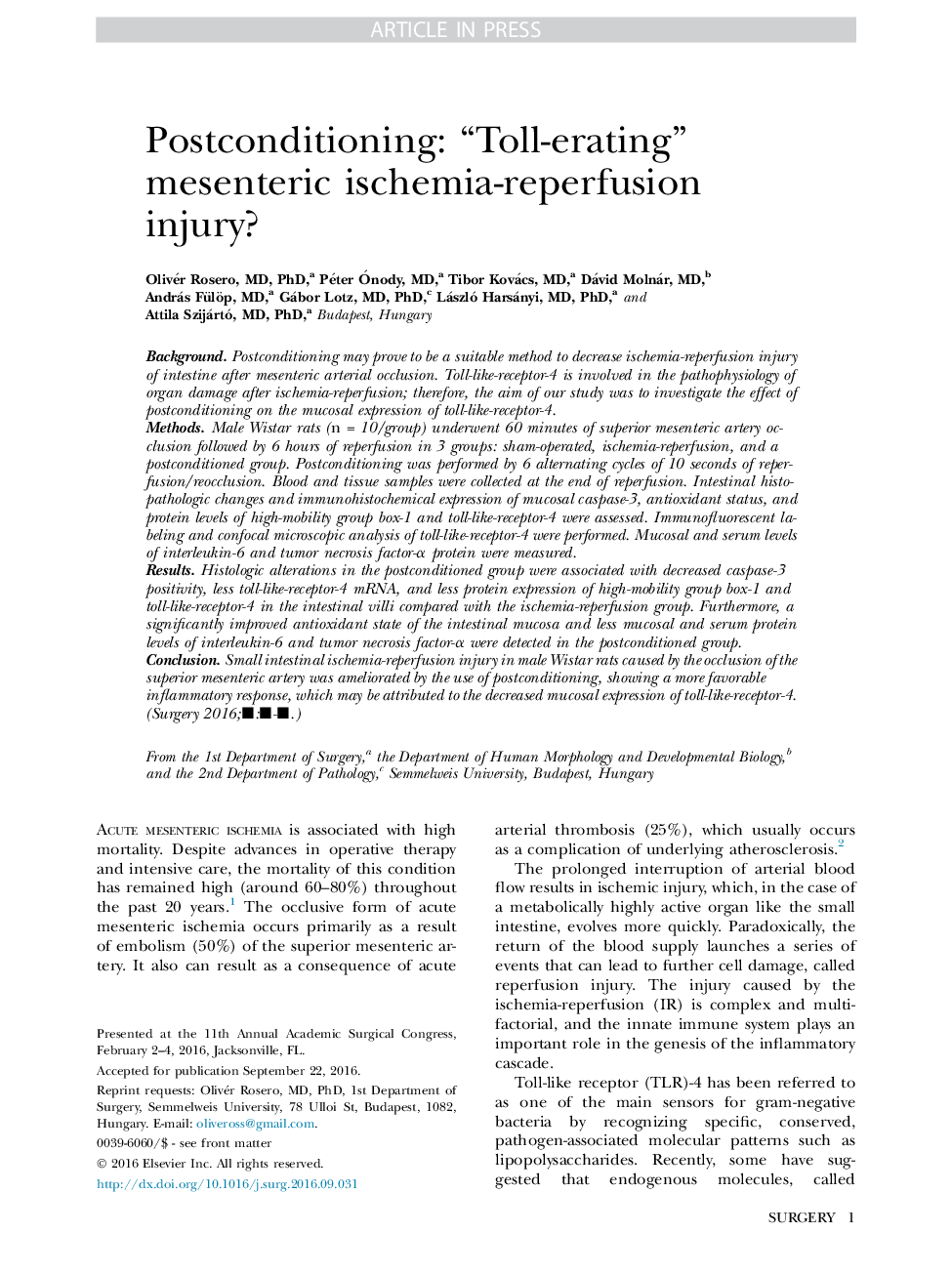 Postconditioning: “Toll-erating” mesenteric ischemia-reperfusion injury?