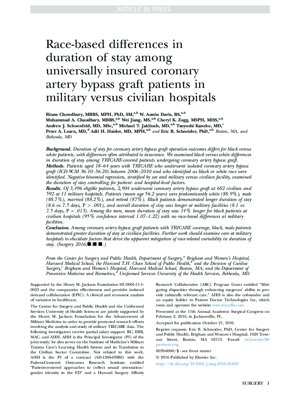 Race-based differences in duration of stay among universally insured coronary artery bypass graft patients in military versus civilian hospitals