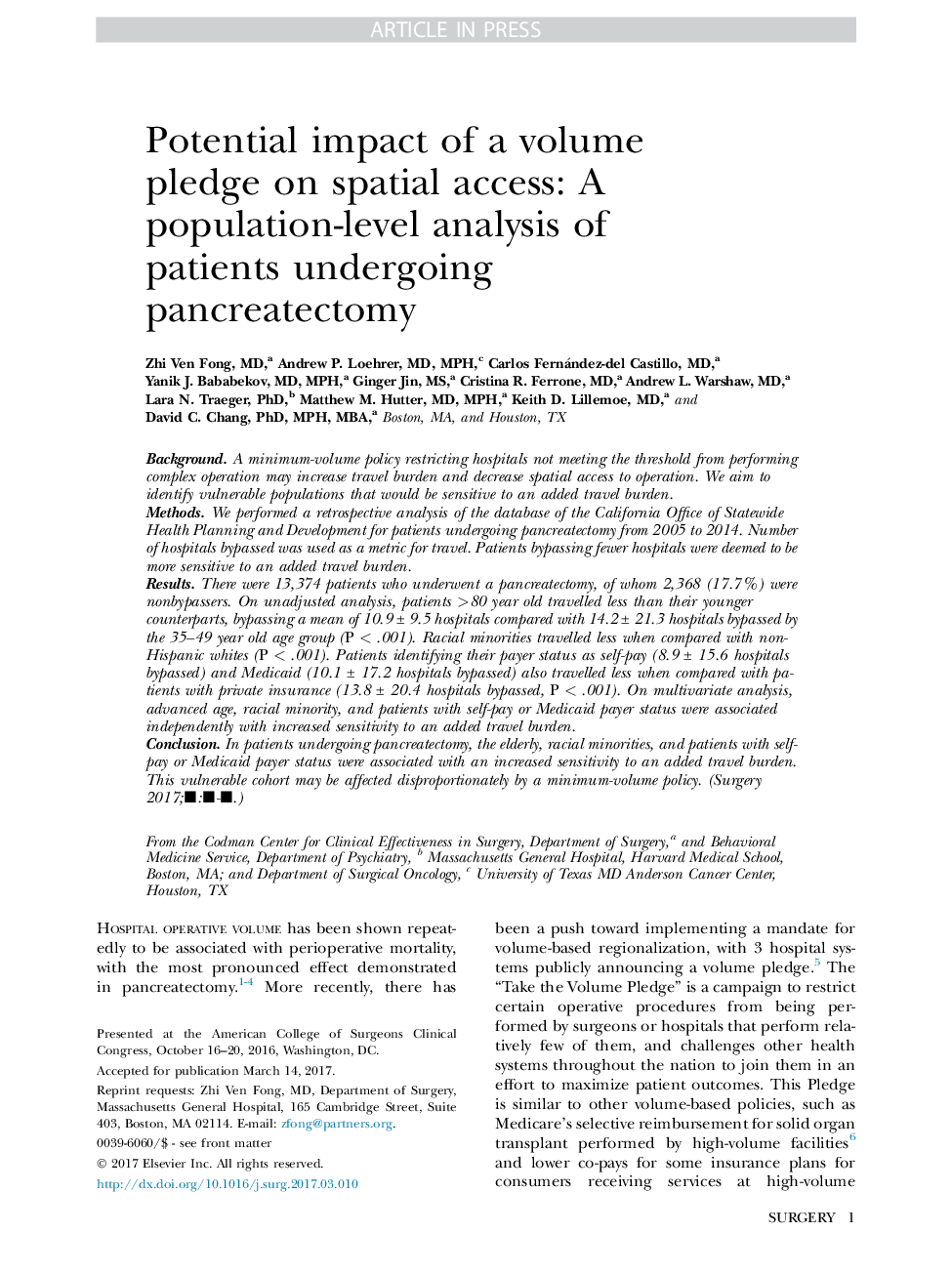 Potential impact of a volume pledge on spatial access: A population-level analysis of patients undergoing pancreatectomy