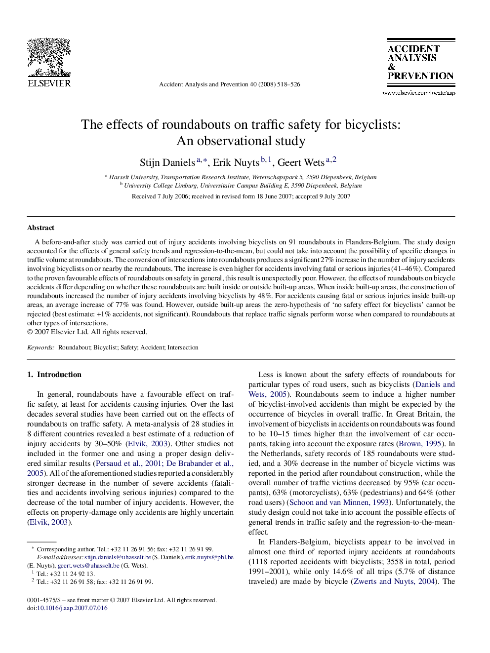 The effects of roundabouts on traffic safety for bicyclists: An observational study