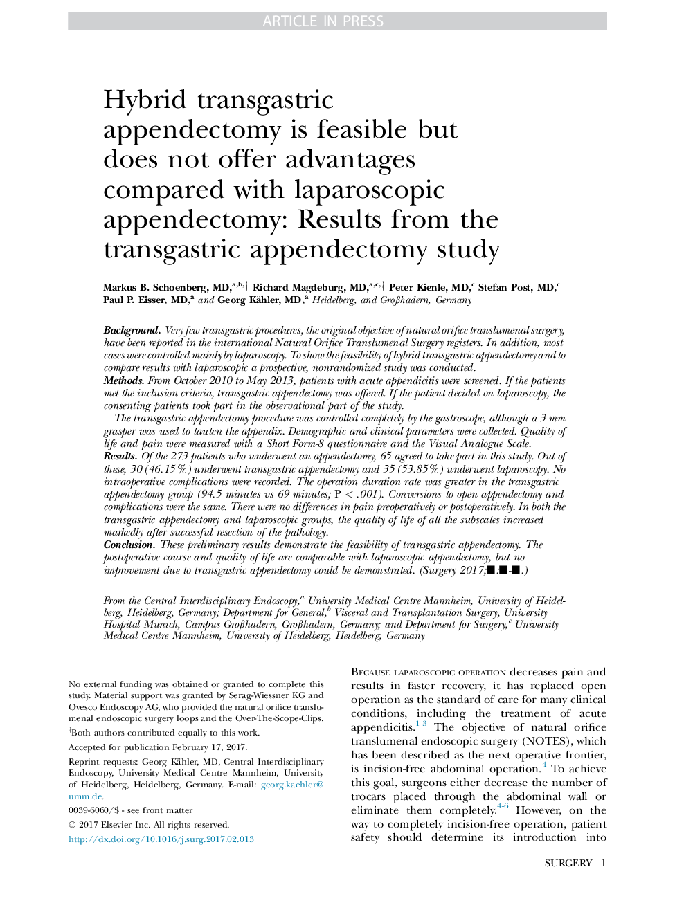 Hybrid transgastric appendectomy is feasible but does not offer advantages compared with laparoscopic appendectomy: Results from the transgastric appendectomy study