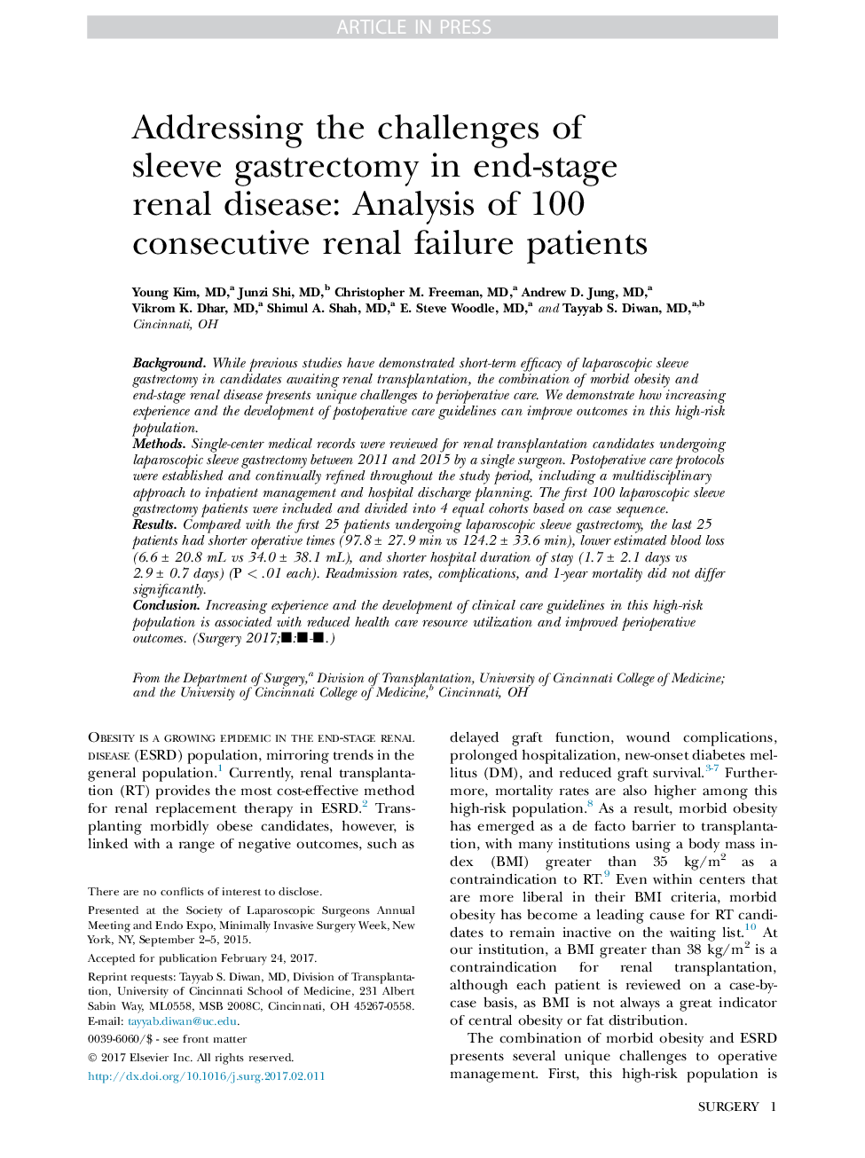 Addressing the challenges of sleeve gastrectomy in end-stage renal disease: Analysis of 100 consecutive renal failure patients