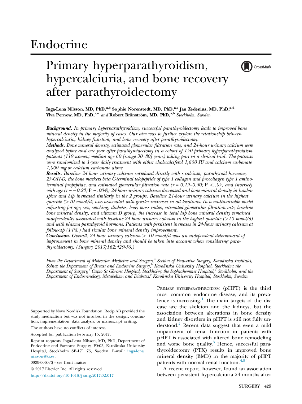 EndocrinePrimary hyperparathyroidism, hypercalciuria, and bone recovery after parathyroidectomy