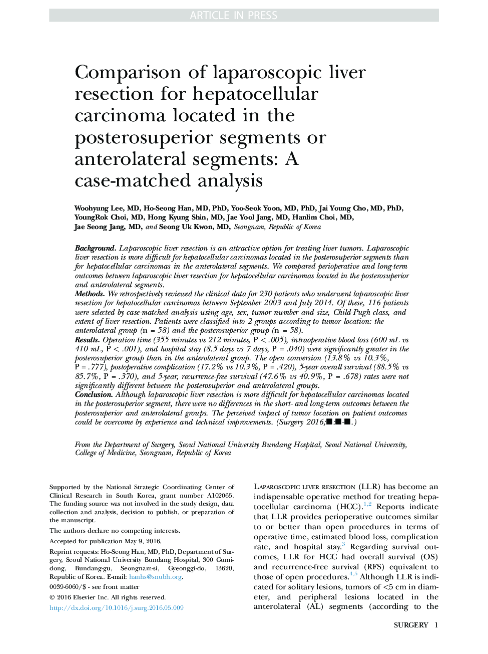 Comparison of laparoscopic liver resection for hepatocellular carcinoma located in the posterosuperior segments or anterolateral segments: A case-matched analysis