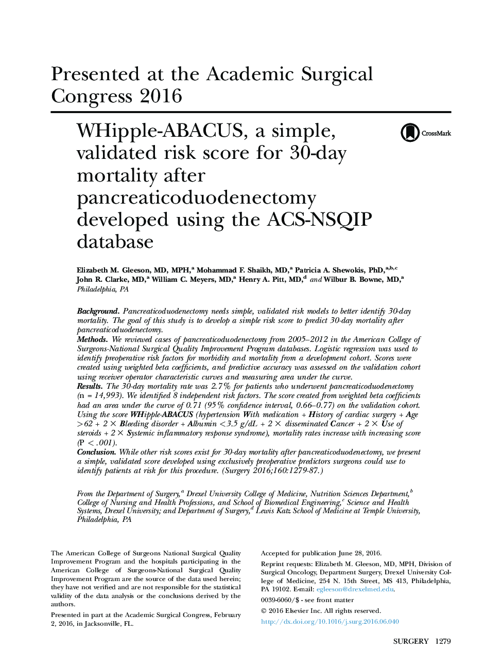 WHipple-ABACUS, a simple, validated risk score for 30-day mortality after pancreaticoduodenectomy developed using the ACS-NSQIP database