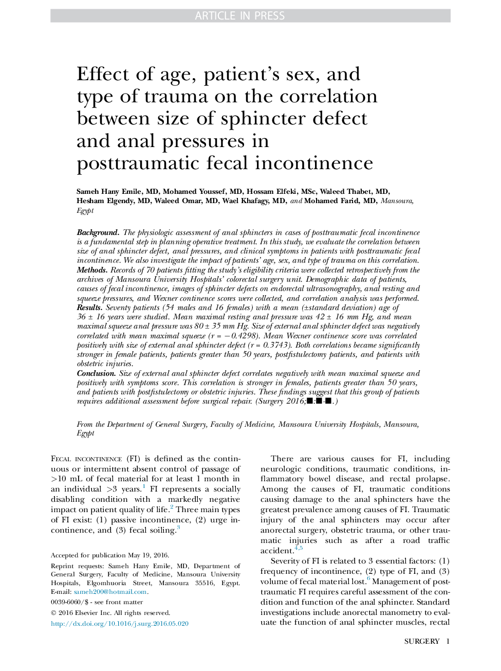 Effect of age, patient's sex, and type of trauma on the correlation between size of sphincter defect and anal pressures in posttraumatic fecal incontinence