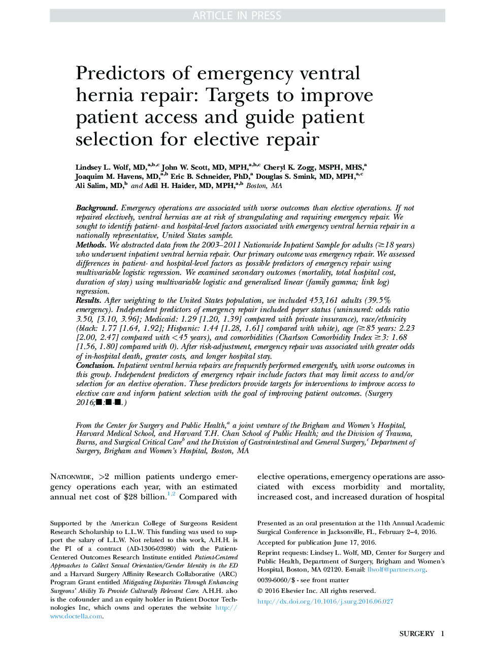 Predictors of emergency ventral hernia repair: Targets to improve patient access and guide patient selection for elective repair