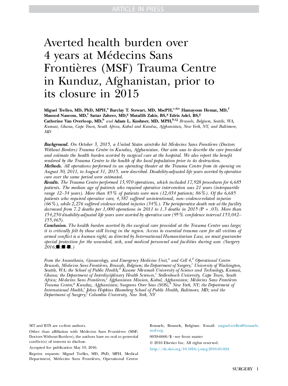 Averted health burden over 4Â years at Médecins Sans FrontiÃ¨res (MSF) Trauma Centre in Kunduz, Afghanistan, prior to its closure in 2015