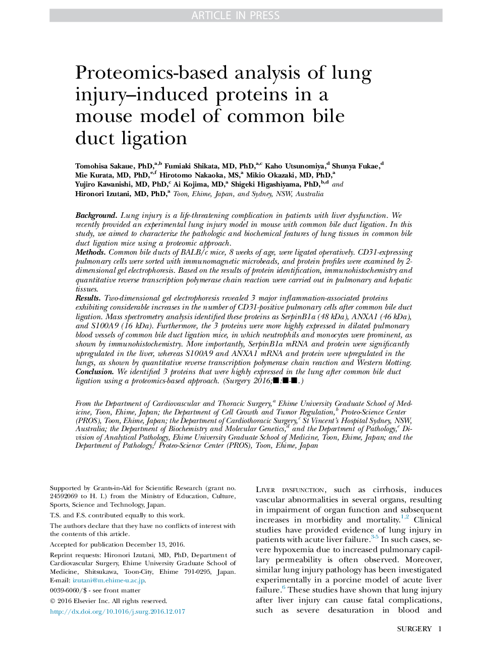 Proteomics-based analysis of lung injury-induced proteins in a mouse model of common bile duct ligation