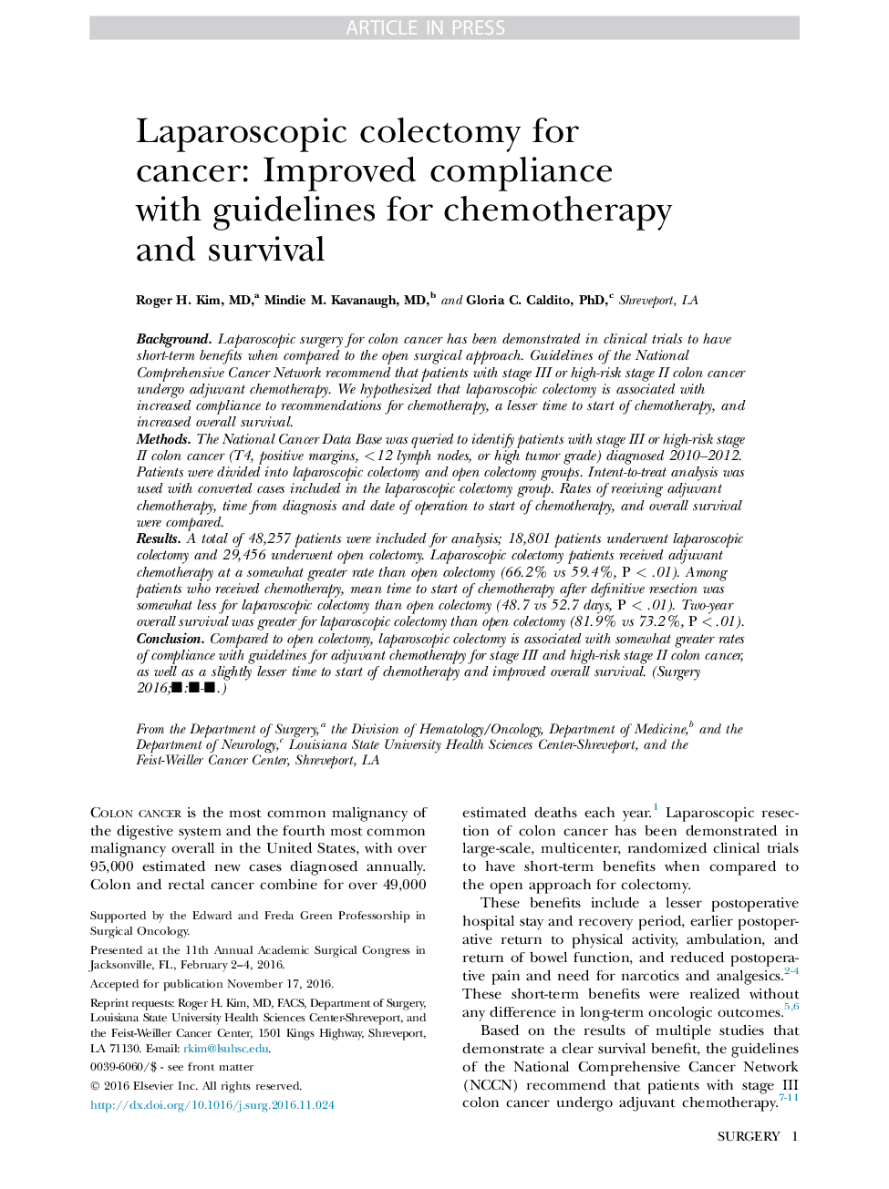 کمپلمان لاپاروسکوپی برای سرطان: مطابقت کامل با دستورالعمل های شیمی درمانی و بقا 
