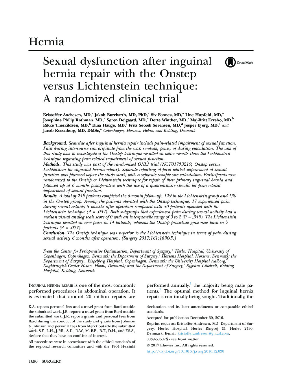 HerniaSexual dysfunction after inguinal hernia repair with the Onstep versus Lichtenstein technique: AÂ randomized clinical trial