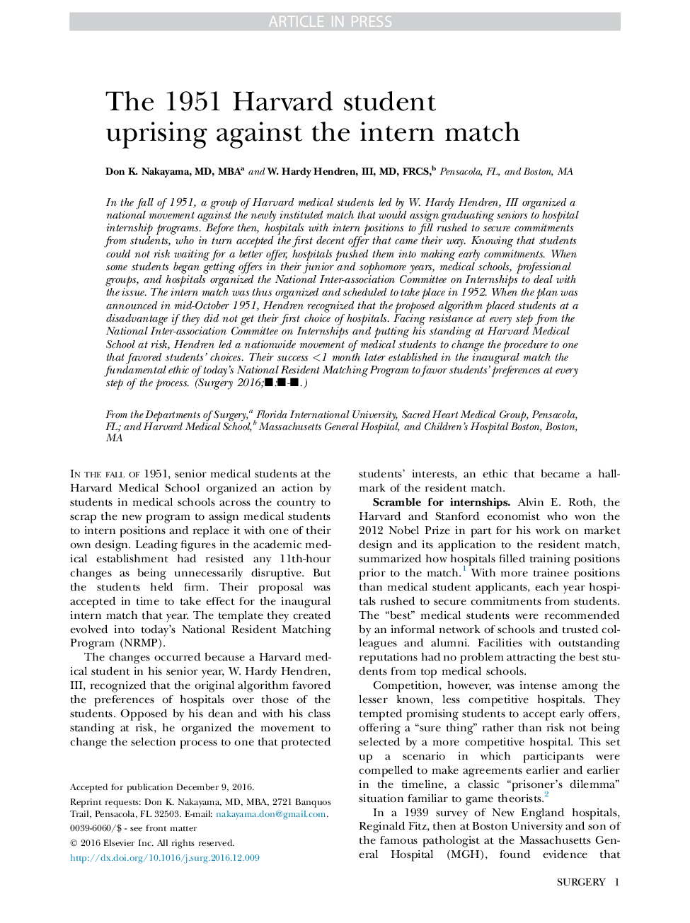 The 1951 Harvard student uprising against the intern match
