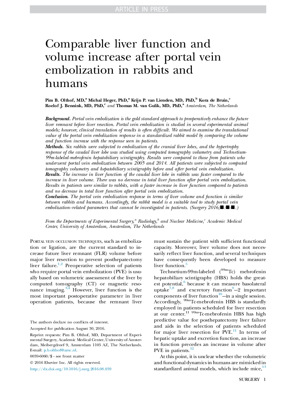 Comparable liver function and volume increase after portal vein embolization in rabbits and humans