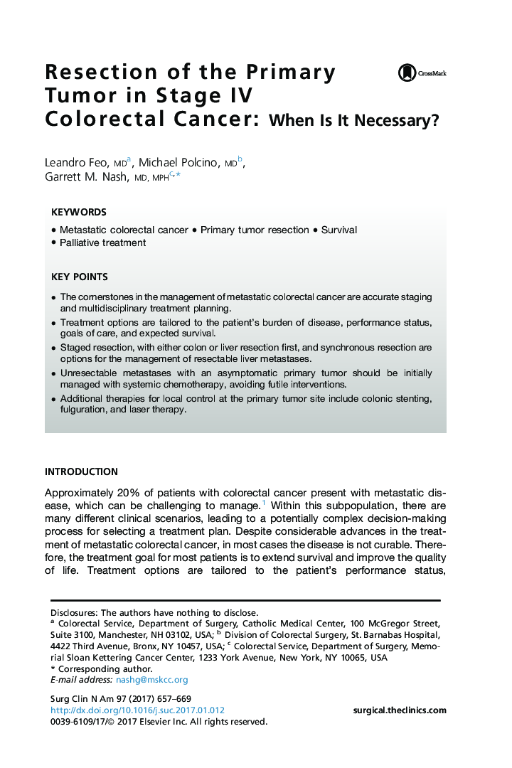 Resection of the Primary Tumor in Stage IV Colorectal Cancer