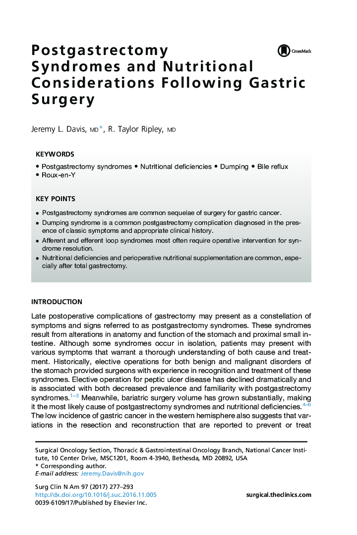 Postgastrectomy Syndromes and Nutritional Considerations Following Gastric Surgery