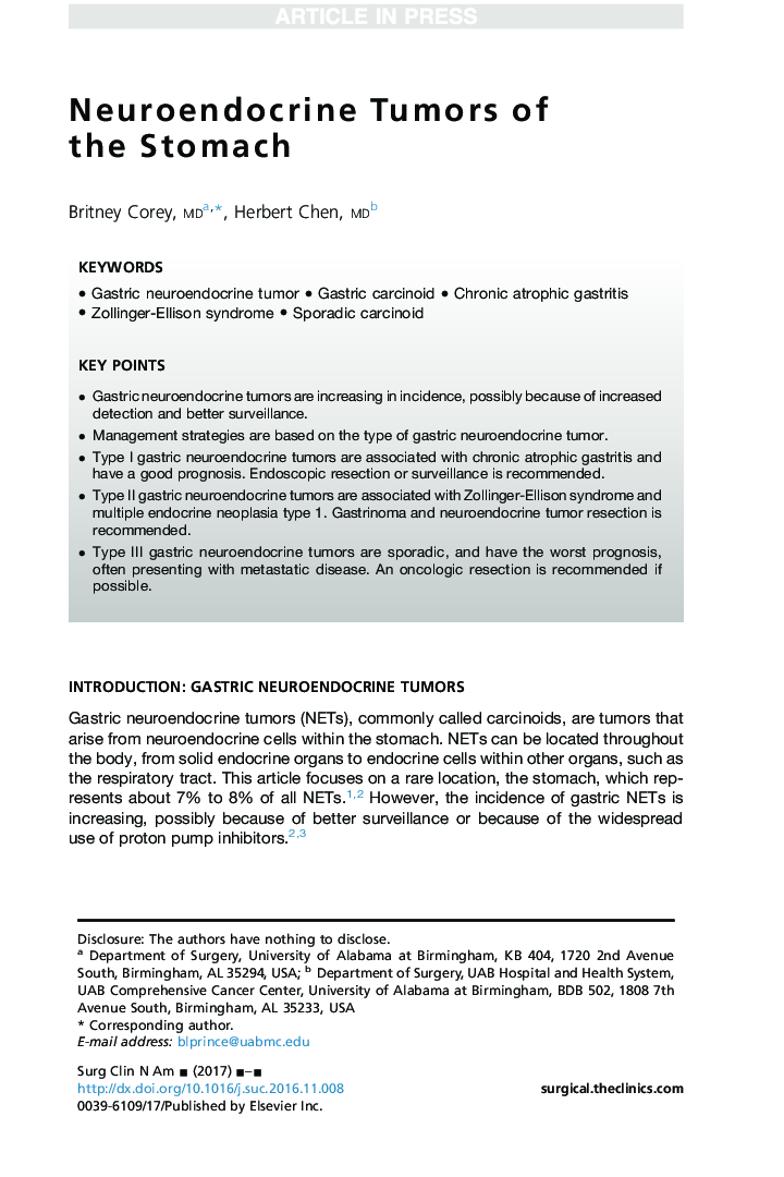 Neuroendocrine Tumors of the Stomach