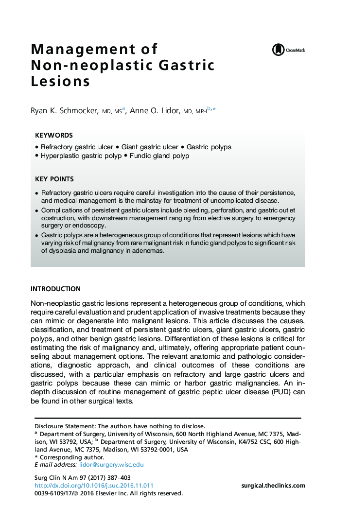 Management of Non-neoplastic Gastric Lesions