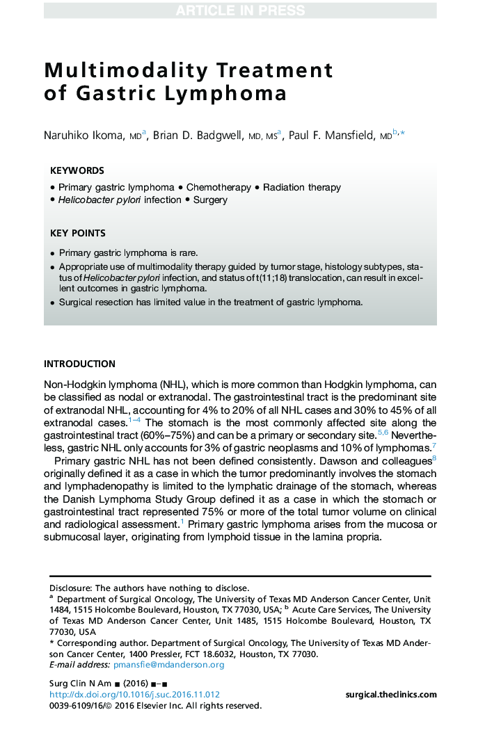 Multimodality Treatment of Gastric Lymphoma